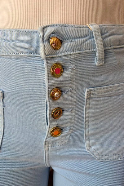 Lila Pastel Blue Multi Button Wide Leg Stretch Jeans
