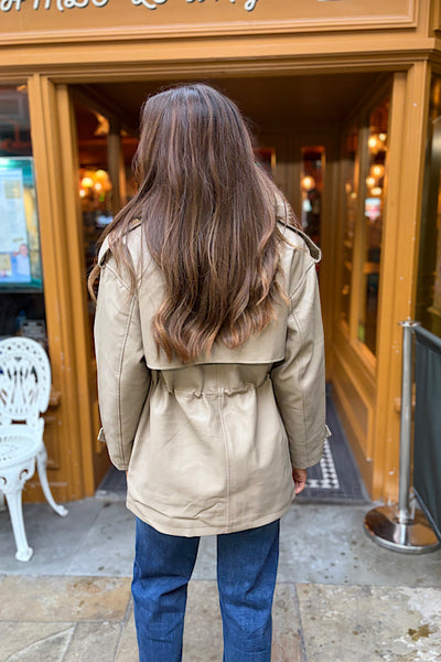 Mia Faux Leather Coat With Faux Fur Trim In Taupe