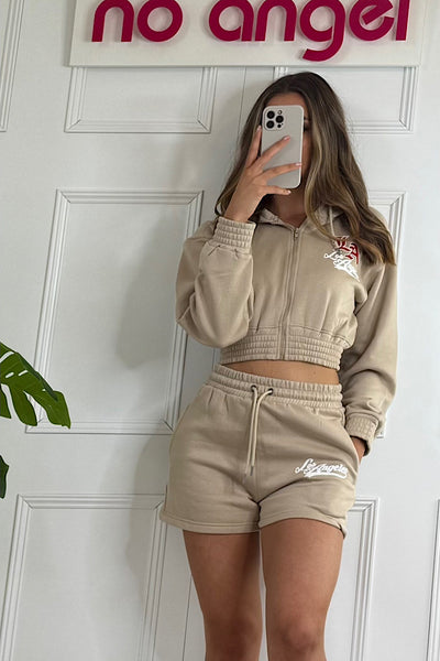 Los Angeles Cropped Hoodie And Shorts Co-ord In Beige
