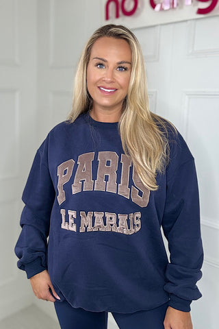 Luxe PARIS Slogan Oversized Fleece Lined Sweatshirt In Navy