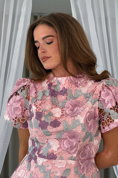 Ami Lace Tulip Sleeve Mini Dress In Pink