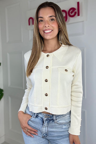 Cream Gold Button Long Sleeve Top