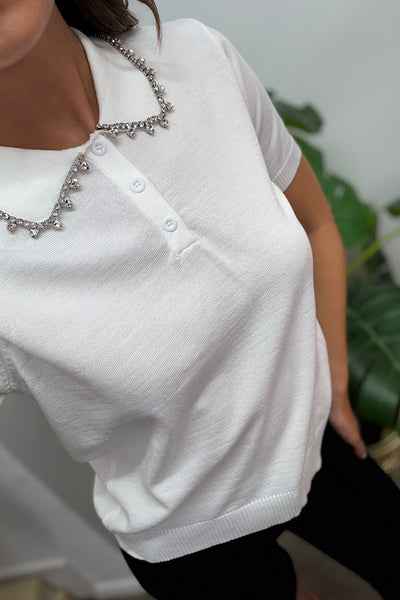 Diamanté Collar Knit In White