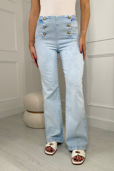 Paige Light Wash Denim High Rise Jeans With Military Gold Buttons