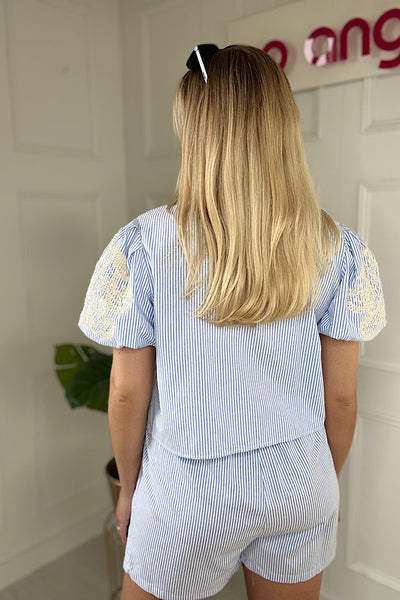Blue Embroidery Pinstripe Short Co-Ord