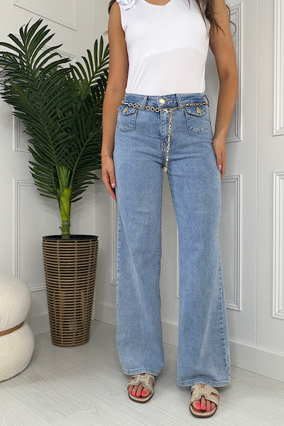 Esme Light Wash Blue Denim Jeans With Removable Gold Chain Belt