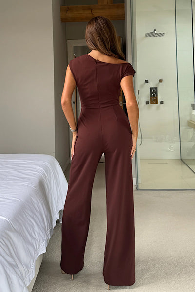 Donna Asymmetric Neckline Jumpsuit In Chocolate Brown