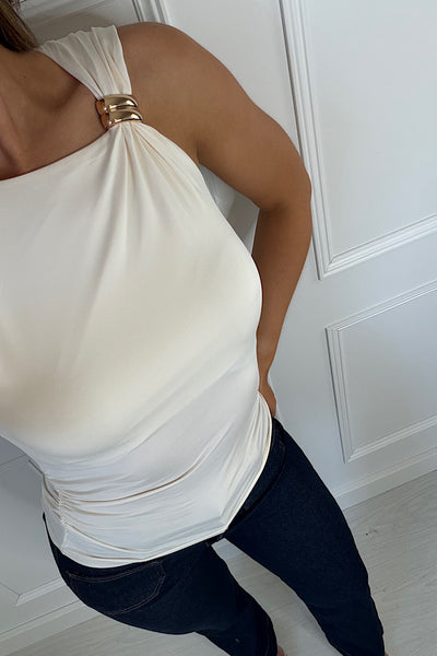 Anya Asymmetric One Shoulder Cream Top With Gold Ring Accent