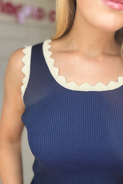 Navy Zig Zag Top With Gold Trim
