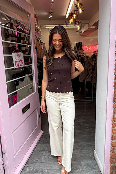 Nina Gold Stud Knitted Vest In Chocolate Brown