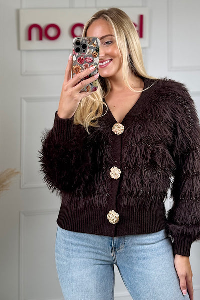 Chocolate Faux Fur Panelled Cardigan