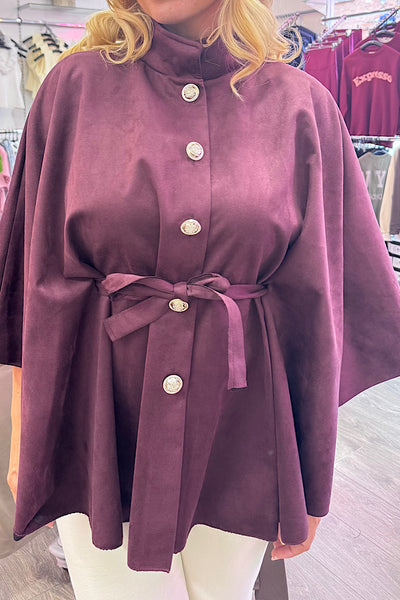 Suedette Military Button Tie Waist Cape In Plum