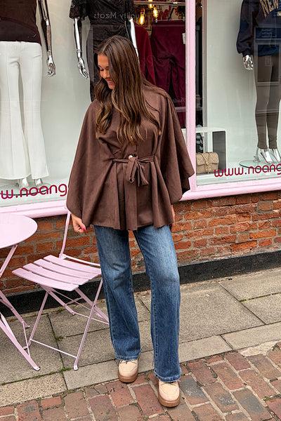 Suedette Military Button Tie Waist Cape In  Chocolate Brown