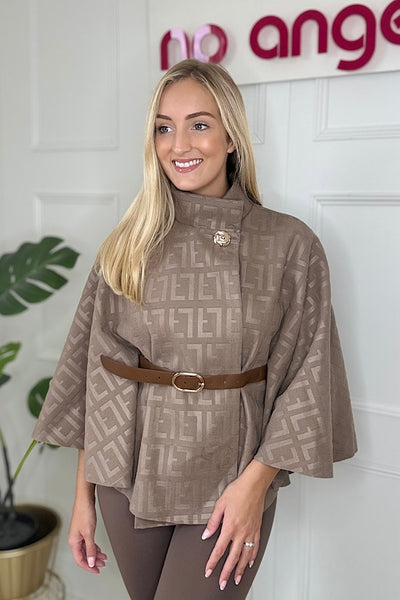 Embossed Faux Suede Gold Button Belted Cape