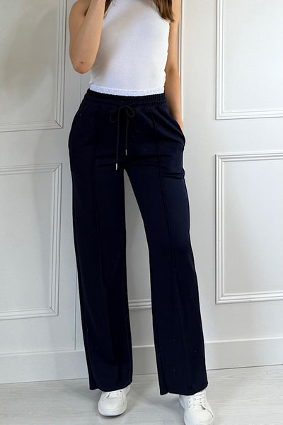 White Contrast Waistband Straight Leg Joggers In Navy Blue