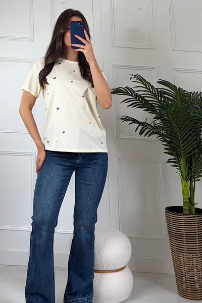Beth Soft Lemon T-Shirt With Silver Heart Embellishment