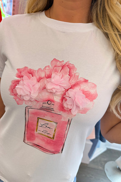 Pink Floral Perfume Appliqué T-Shirt