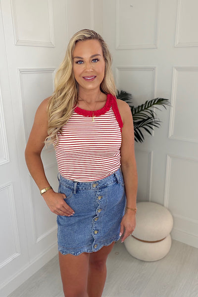 Rosie Stripe Frill Trim Ribbed Vest Top In Red & White