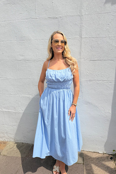 Abbey Ruched Sun Dress In Pastel Blue