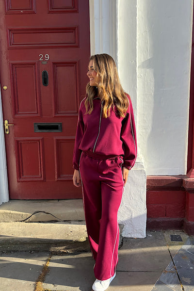 Perri Contrast Trim Tracksuit In Burgundy