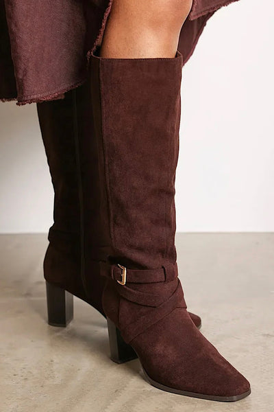 Zoe Brown Suedette Knee High Block Heel Boots