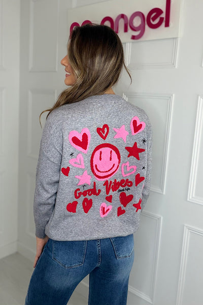 Good Vibes Grey Jumper With Pink