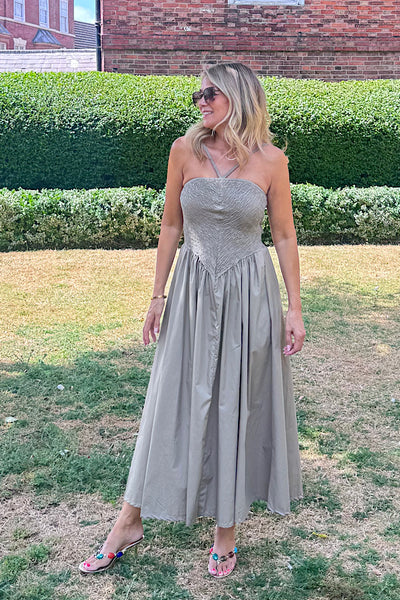 Nancy Shirred Dress In Taupe