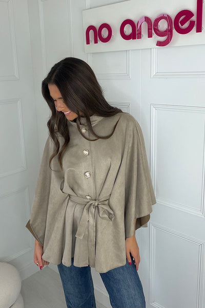 Suedette Military Button Tie Waist Cape In  Taupe