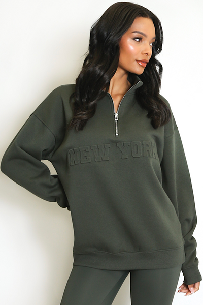 Khaki NEW YORK Zip Slogan Sweatshirt