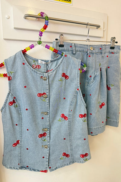 Denim Cherry 🍒 Shorts & Waistcoat Set