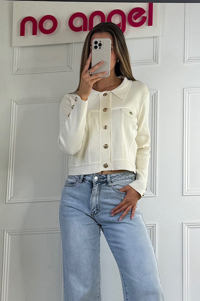 Cream Gold Button Long Sleeve Top