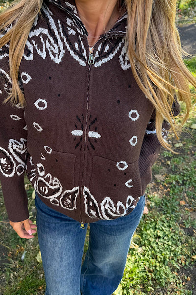 Margot Bandana Print Zip Up Cardigan In Chocolate