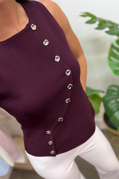 Soft Knit Waistcoat In Plum With Aysemetric Silver Tone Buttons