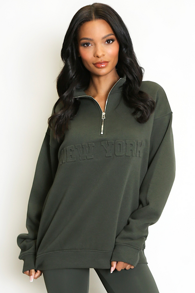Khaki NEW YORK Zip Slogan Sweatshirt