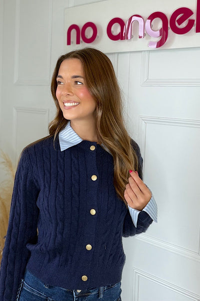 Cleo Cable Knit Cardigan With Collar And Cuff