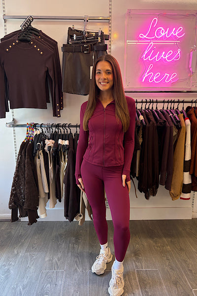 Burgundy Sculpted Zip Up Active Gym Jacket