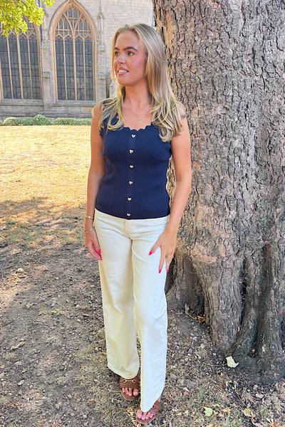 Imogen Zig Zag Ribbed Knit With Gold Hearts In Navy