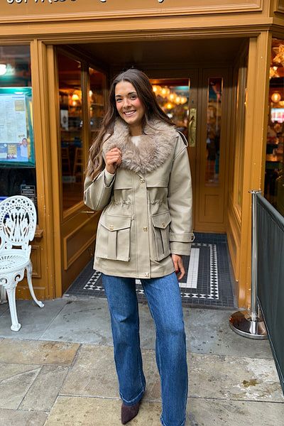 Mia Faux Leather Coat With Faux Fur Trim In Taupe