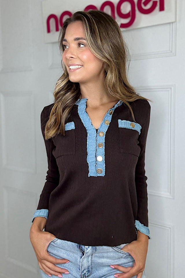 Chocolate & Denim Trim Jumper
