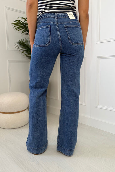 Lila Blue Mid Wash Denim Multi Button Wide Leg Stretch Jeans