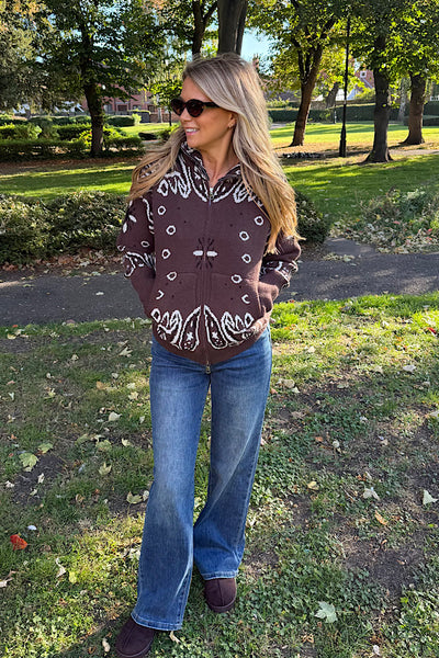 Margot Bandana Print Zip Up Cardigan In Chocolate