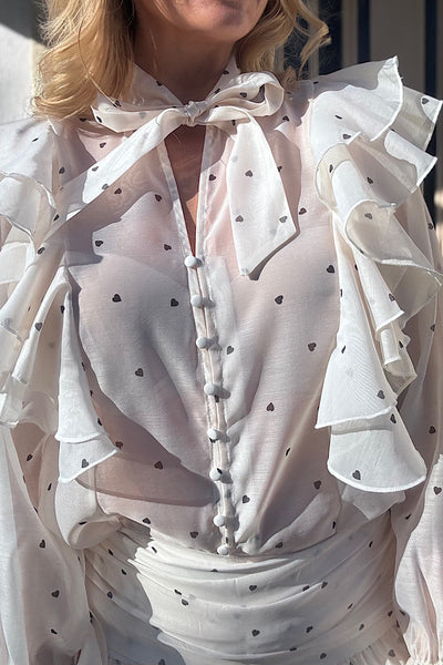 Loretta Sheer Heart Print Ruffle Blouse