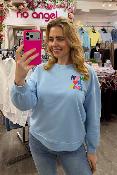 NOW OR NEVER Back Slogan Sweatshirt In Pastel Blue