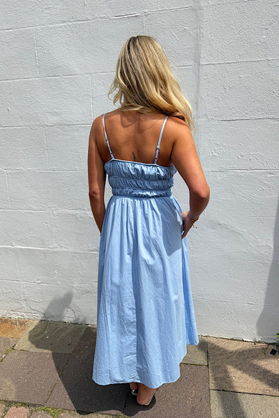 Abbey Ruched Sun Dress In Pastel Blue