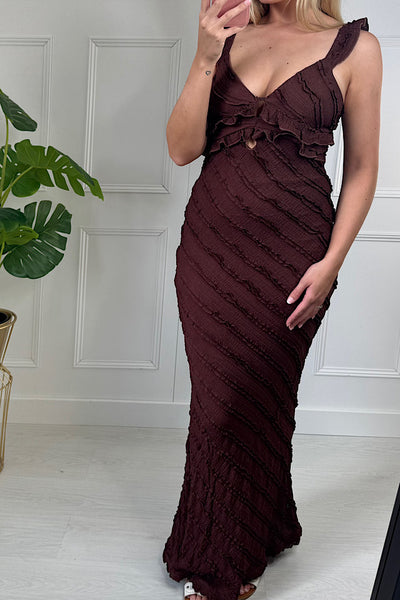 Chocolate Frill Neck Maxi Dress