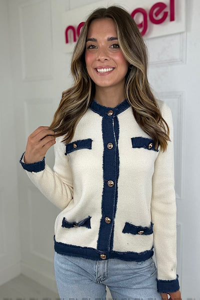 Cream Denim Trim Cardigan