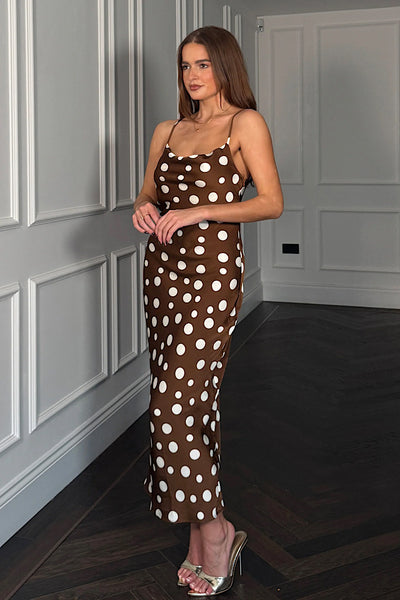 Naomi Chocolate Polka Dot Midi Slip Dress