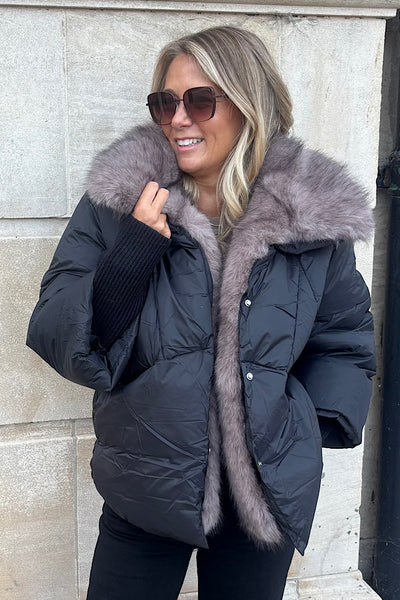 Aspen Faux Fur Trim Coat In Black