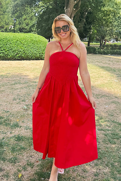 Nancy Shirred Dress In Red