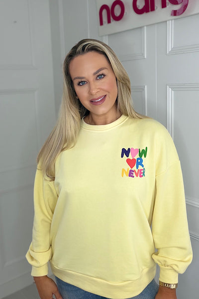 NOW OR NEVER Back Slogan Sweatshirt In Lemon